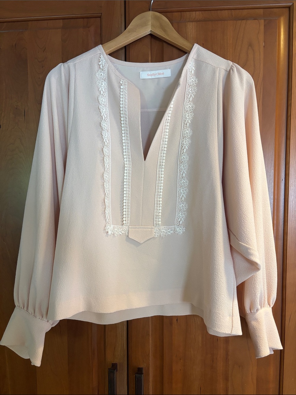 See By Chloe Blush Prink Lace-Trim V-Neck Blouse
